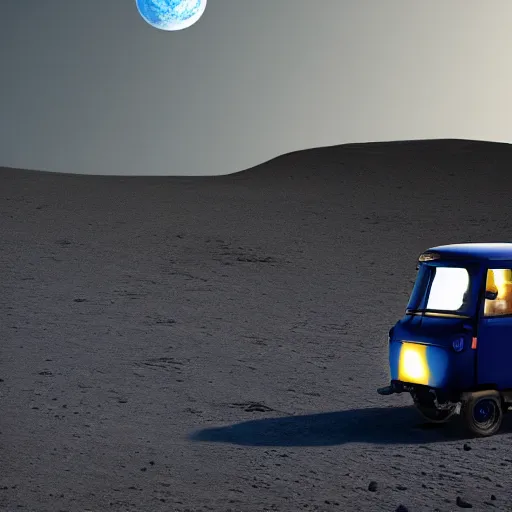 Image similar to a dark blue tuk tuk traveling on the surface of the moon, moon craters, black sky, hard lighting, matte painting, concept art, 4k