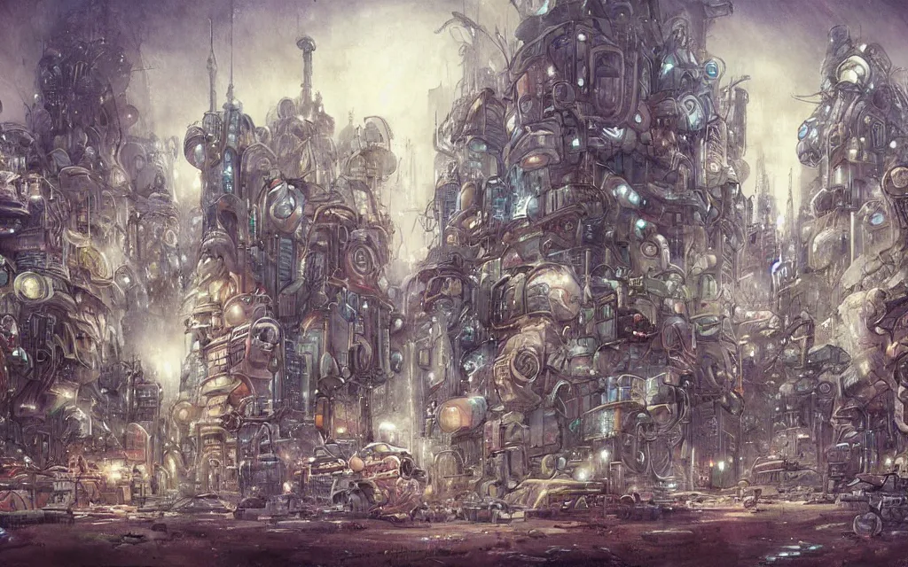 Image similar to retrofuturist robot city on planet robot by jean baptiste monge, muted colors,