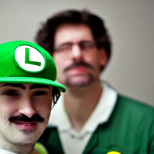 Image similar to a photo of a man cosplaying as Luigi, realistic, high definition