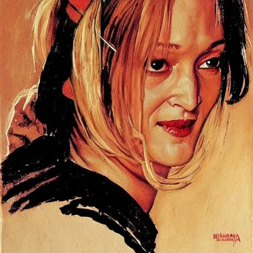 Image similar to a portrait painting of Uma Thurman in kill bill. Painted by Norman Rockwell