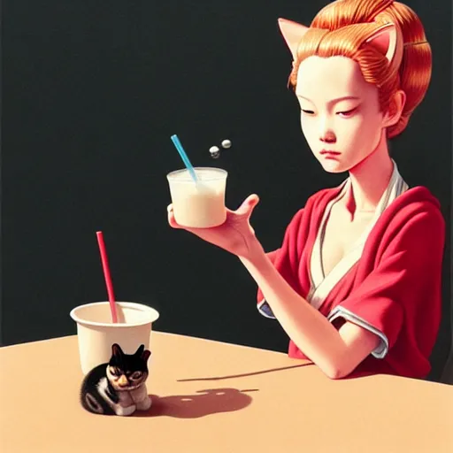 Image similar to cat only drinking boba bubble tea, super detailed and intricate, elegant, hyper realistic, by sam yang, by yoshiyuki tomino, by ralph mcquarrie, by ilya kuvshinov