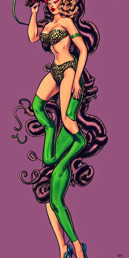 Prompt: Medusa in pin up style and 70ies clothing, high detail concept art, atmospheric, trending on artstation