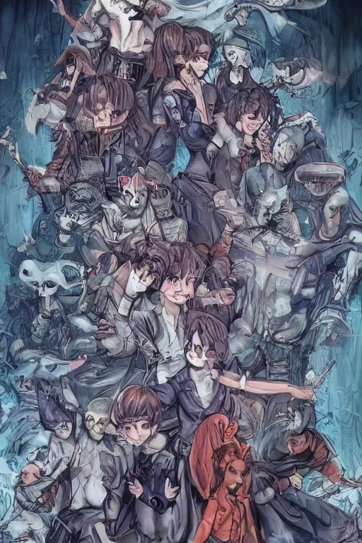 Image similar to spooky and creepypasta halloween night, symmetrical face, anime style, scenery wallpaper aesthetic, cinematic, dramatic, super detailed and intricate, hyper realistic, 4 k render, by artgerm, by kyoung hwan kim, by ralph mcquarrie, by yoshiyuki tomino