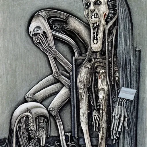 Image similar to a painter at his easel crying in despair, painting by HR Giger