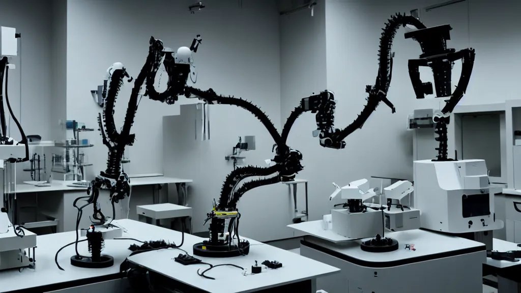 Image similar to a complex bifurcated robotic cnc surgical arm hybrid mri 3 d printer machine making black and white ceramic mutant forms in the laboratory inspection room, film still from the movie directed by denis villeneuve with art direction by salvador dali, wide lens