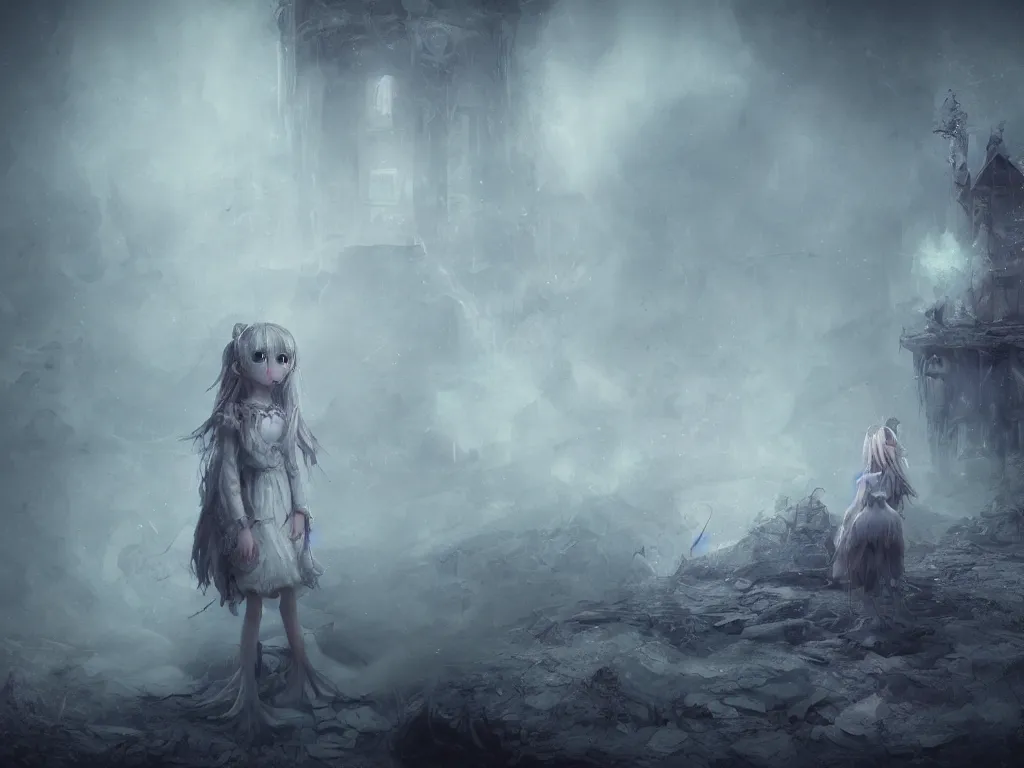 Prompt: dreamlike sketch painting cute fumo plush girl in tattered ghostly robes in the watchtower of a fallen civilization, long wisps of volumetric smoke, runic markings, f / 2. 8, vray
