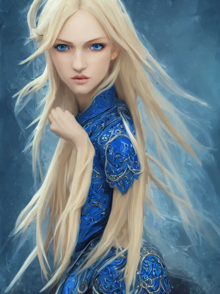 Image similar to A beautiful blonde Slavic woman in her early 30’s, highly detailed full body, beautiful blue eyes, detailed, wearing fancy clothes, highly detailed figure, epic composition, ultra wide-shot, dynamic pose, concept art, beautifully lit, digital painting, smooth, desaturated color theme, character design, sharp focus, elegant, intricate, post processing, artstation, by WLOP, James Jean, Victo Ngai, ryohei hase