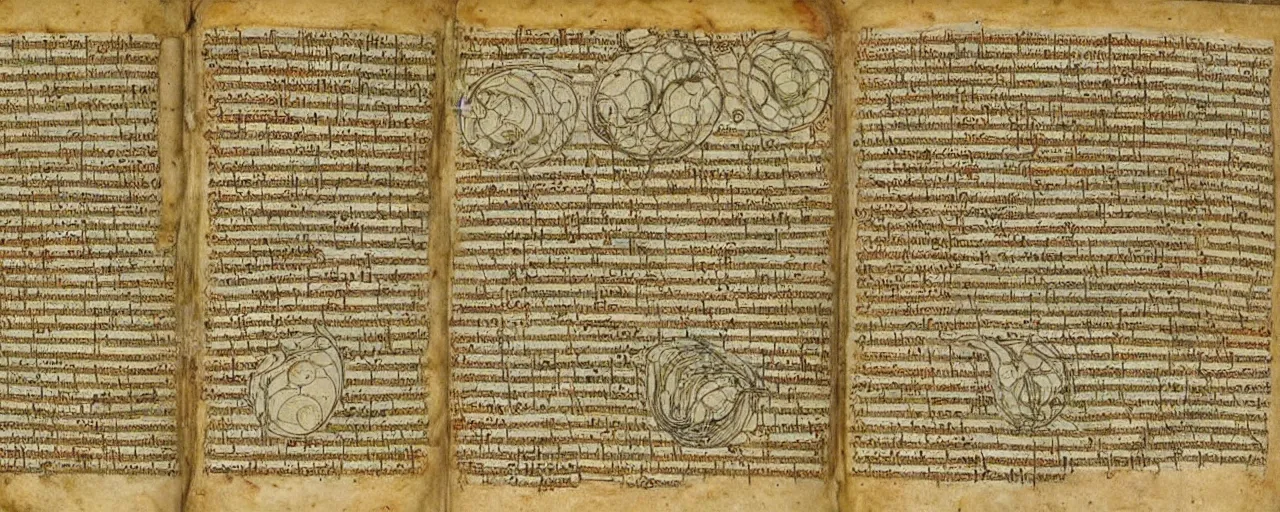Prompt: ancient book detailing spaghetti, in the style of the voynich manuscript, fine detail,