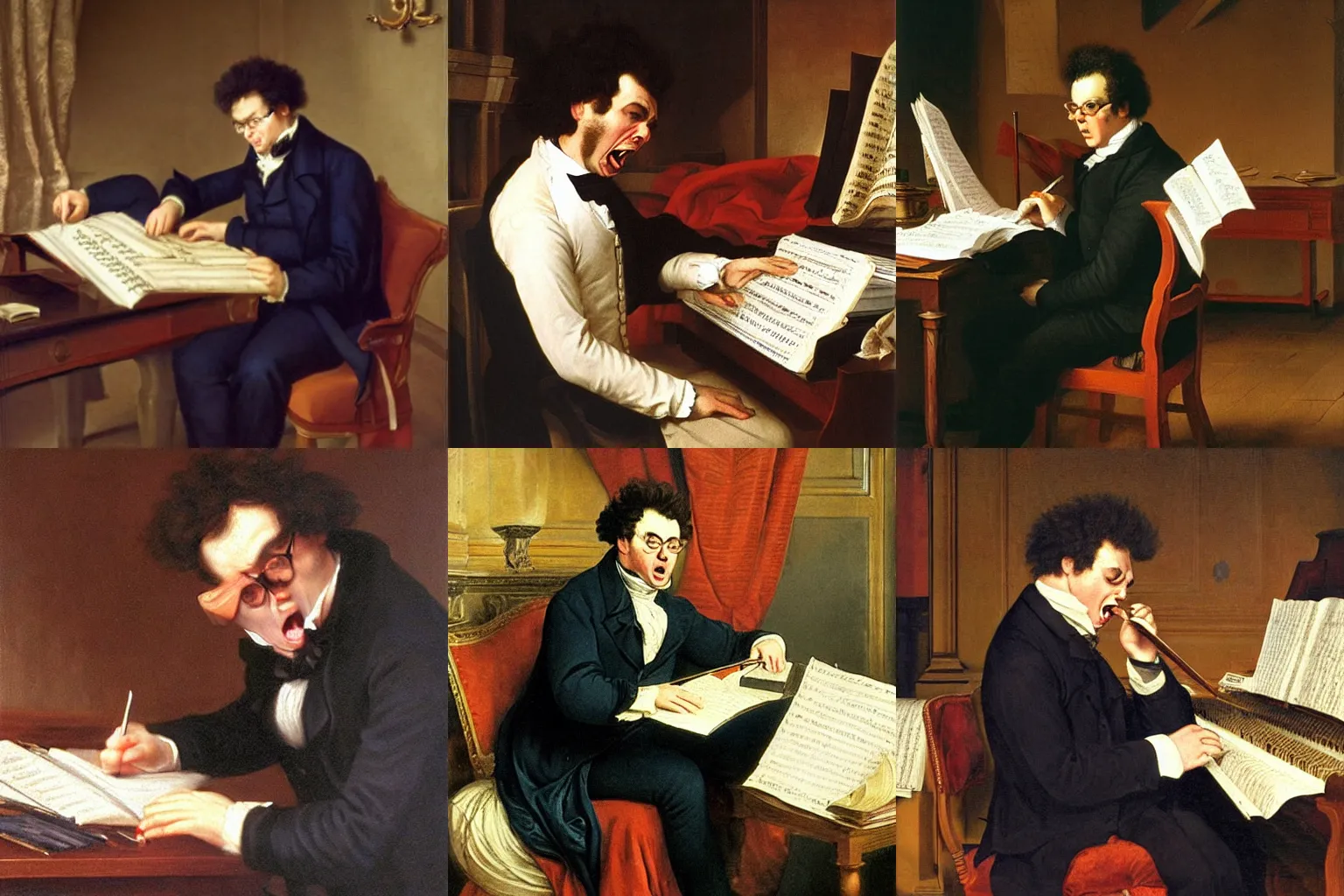 Prompt: very angry franz schubert composing his new masterpiece while screaming loudly with wide open mouth, a very detailed oil painting, by josef kriehuber, classical oil painting, fine artstyle, from louvre