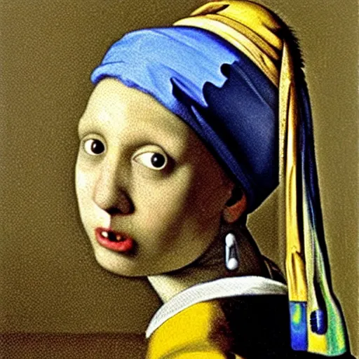 Image similar to fowl with a pearl earring by michael sowa, frontal portrait.