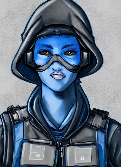 Image similar to A beautiful portrait commission of a female furry anthro blue jay bird wearing a security guard uniform with a bullet proof vest. Cyberpunk city