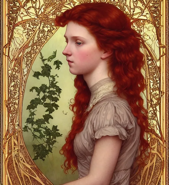 Image similar to intricate art nouveau portrait oil painting of redheaded young millie bobby brown with long red hair blowing in the wind, wearing an intricate green lace dress, in front of an carved wood screen, elegant, digital painting, smooth, sharp focus, illustration, ultra realistic, 8 k, by bouguereau, alphonse mucha, artgerm, and donato giancola