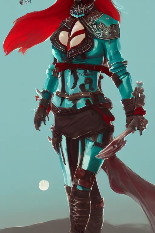 Image similar to female adventurer in tight full - body teal leather armor of japanese design with red accents and a white porcelain crow mask, trending in artstation, japanese, artstation, big moon in the background, establishing shot