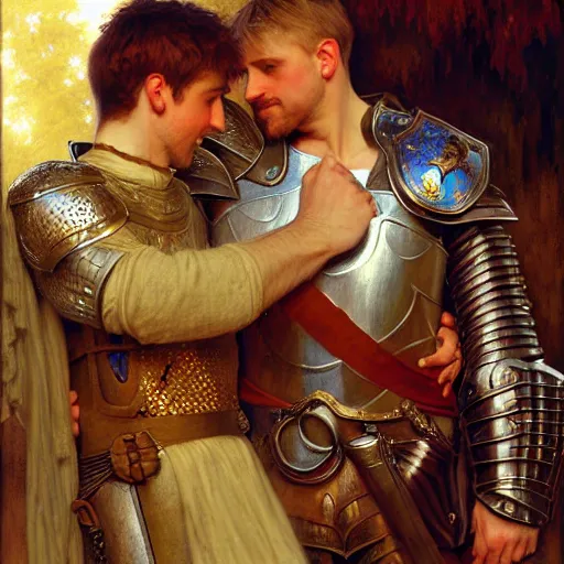 Image similar to attractive arthur pendragon and his attractive male knight, they are in love, natural lighting, path traced, highly detailed, high quality, digital painting, by gaston bussiere, craig mullins, alphonse mucha j. c. leyendecker