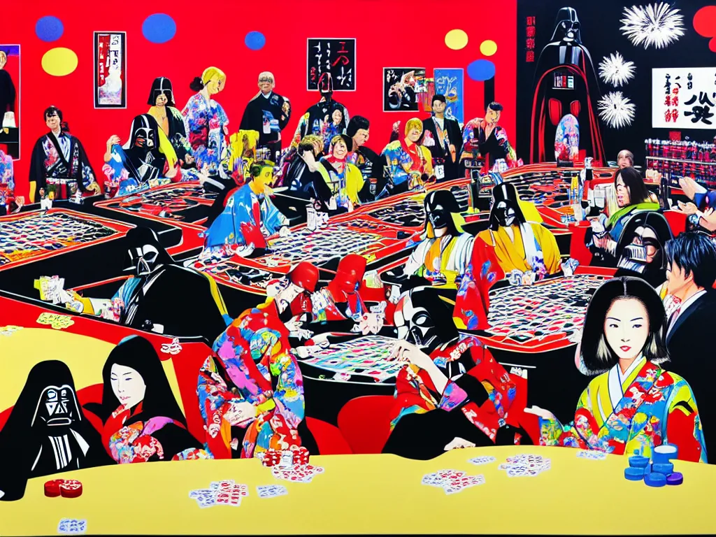 Image similar to hyper - realistic composition of a large room with an extremely detailed poker table in the center, woman in traditional japanese kimono standing nearby, darth vader sitting at the table, fireworks in the background, pop art style, jackie tsai style, andy warhol style, acrylic on canvas, dull palette