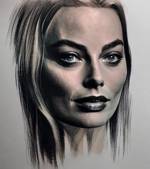 Image similar to tattoo design sketch double exposure of margot robbie with beautiful mountain scenery mash up, in the style of arlo dicristina, surrealist, amazing detail, sharp