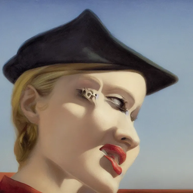 Image similar to portrait of Evan Rachel Wood on a roof, fog, early morning, , painted by Edward Hopper, painted by Wayne Barlow, airbrush