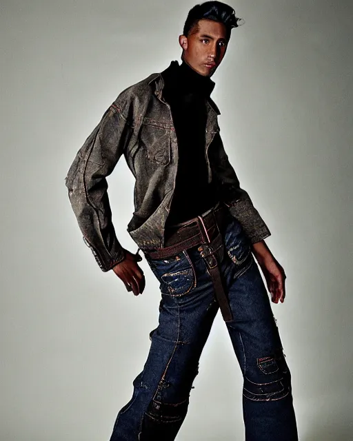 Image similar to an award - winning photo of a spiritual male model wearing a boot cut flared distressed medieval designer menswear trousers designed by kapital, 4 k, studio lighting, wide angle lens, 2 0 0 4