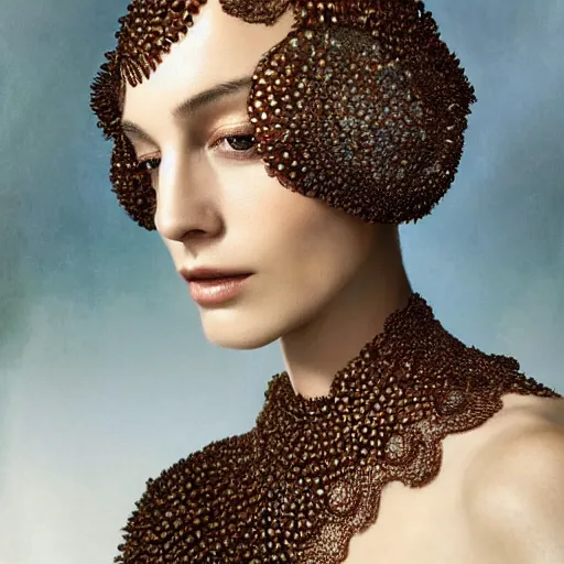 Image similar to full shot of a regal brown / dark - toned woman wearing an intricate and detailed armor made of dew drops. dew drops around eyes. refracted light. morning dew. delicate. translucent. haunting eyes. vulnerable. fragile. ethereal. refracted light. by ray caesar. by louise dahl - wolfe. surreal photography.