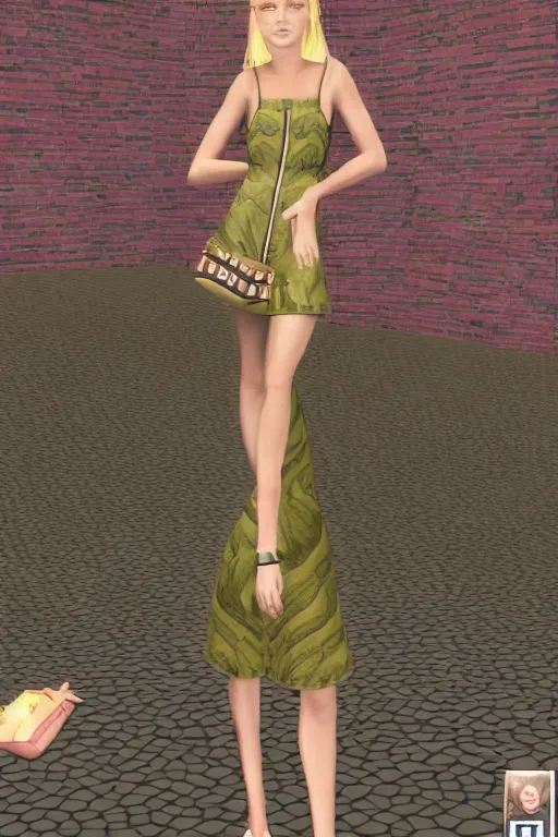 Prompt: beautiful blonde model wearing valentino resort ss 2 0 1 6 dress in a lofi 3 d psx rpg style, fashion gameplay screenshot, highly detailed