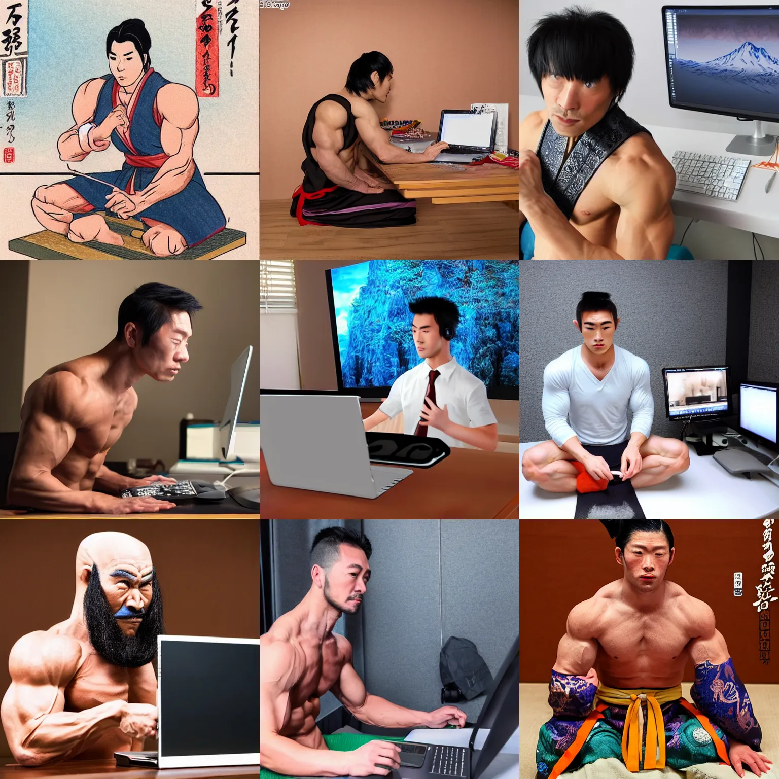 Prompt: 30 year old muscular man dressed as ganyu from genshin, sitting at a computer, hyper realistic photorealistic