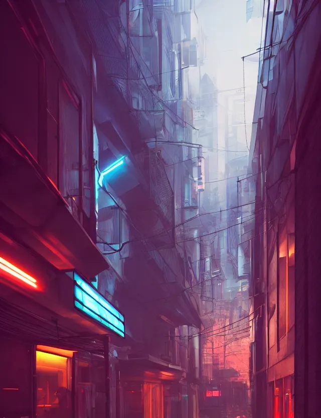 Image similar to a long narrow alleyway between futuristic buildings leading into the horizon, neon billboards, at night, by joseph ducreux, artstation, volumetric lighting, perfect, high detail