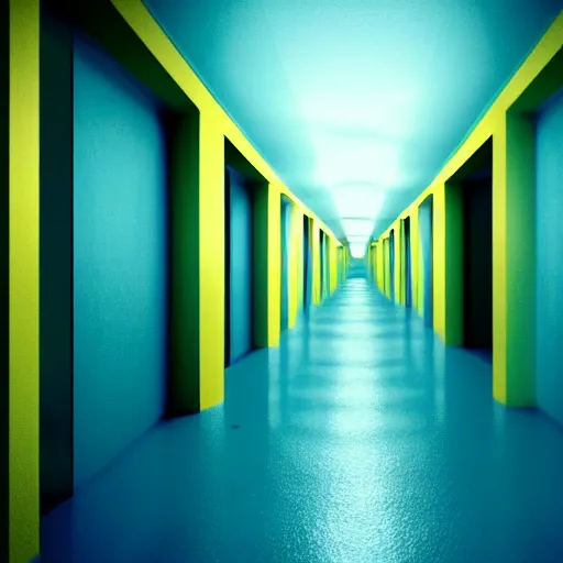 Image similar to noisy color photograph of a liminal space in the style of MC Escher, hallways, abstract 3d render, minimalist, oddly familiar, cinematic, dramatic lighting, soft vintage glow, floating liquid, stretching to walls, supernova inside facility, scared faces emerging from darkness