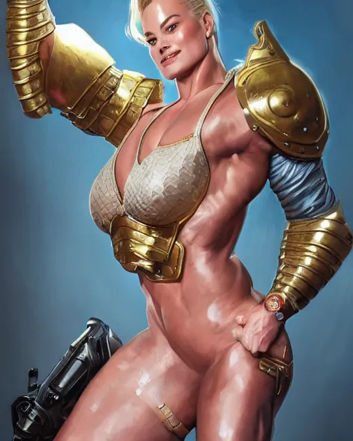 Image similar to full figure ultra realistic illustration, margot robbie as thick female bodybuilder knight zarya from overwatch smiling with closed eyes, intricate, elegant, highly detailed, digital painting, artstation, concept art, smooth, sharp focus, illustration, art by artgerm and greg rutkowski and alphonse mucha