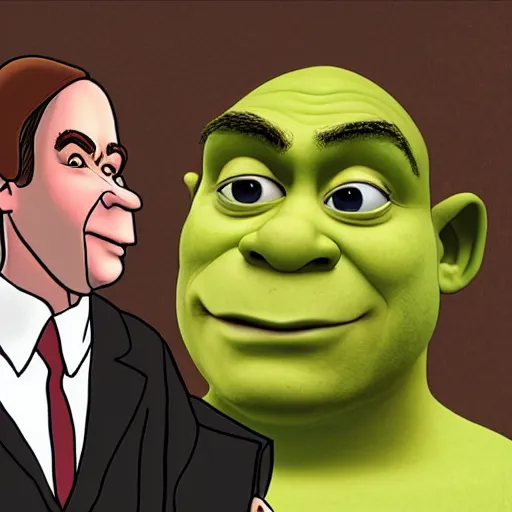 Image similar to Shrek being defended in court by Saul Goodman, detailed hyperrealistic photograph