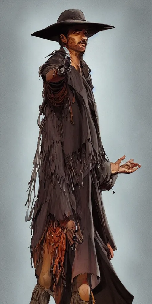 Prompt: misterious gaucho shady look, a raggy long poncho, magic the gathering, intricate, highly detailed, digital painting, artstation, concept art, sharp focus, illustration, geometric dripped ink background, art by Artgerm, Grafit Studio, and Greg Rutkowski and Craig Mullins - W 700