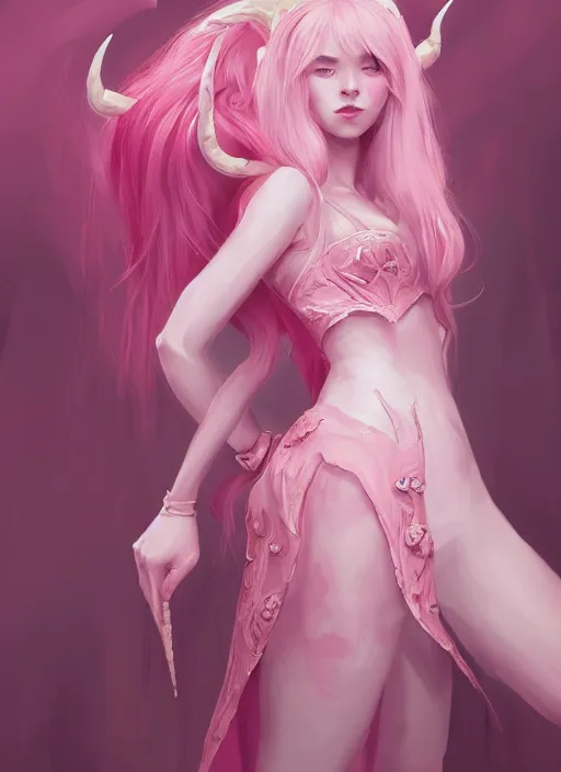 Image similar to a highly detailed illustration of cute pink haired pale demon girl with horns wearing big pink dress, dramatic smile pose, intricate, elegant, highly detailed, centered, digital painting, artstation, concept art, smooth, sharp focus, league of legends concept art, wlop.