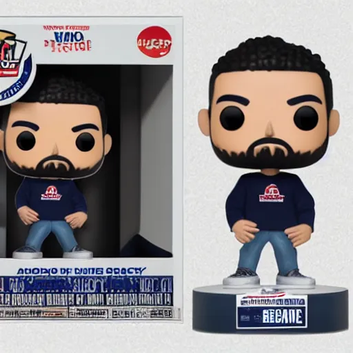 Prompt: a 21 year old skinny white guy with no beard and black hair on top, short on sides, in a navy blue sweater, jeans and grey new balance shoes funko pop close up highly detailed photo