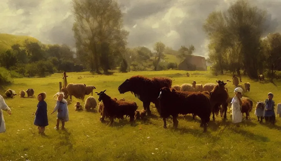 Image similar to simple amish shepherd and children with flocks of sheep in open fields, art by anders zorn, wonderful masterpiece by greg rutkowski, beautiful cinematic light, american romanticism thomas lawrence, greg rutkowski