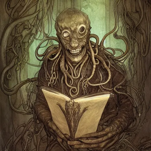 Image similar to a transparent human man ghost is reading a scary book that has come to life with sharp teeth and slimy tentacles emerging from the pages, by james jean and Brian Froud and Jean-baptiste monge, Arthur Rackham, colorful, artstation, unreal engine, 8K, CGSociety, realistic materials, photo-realistic, postprocessing, 4k ultra HD photograph