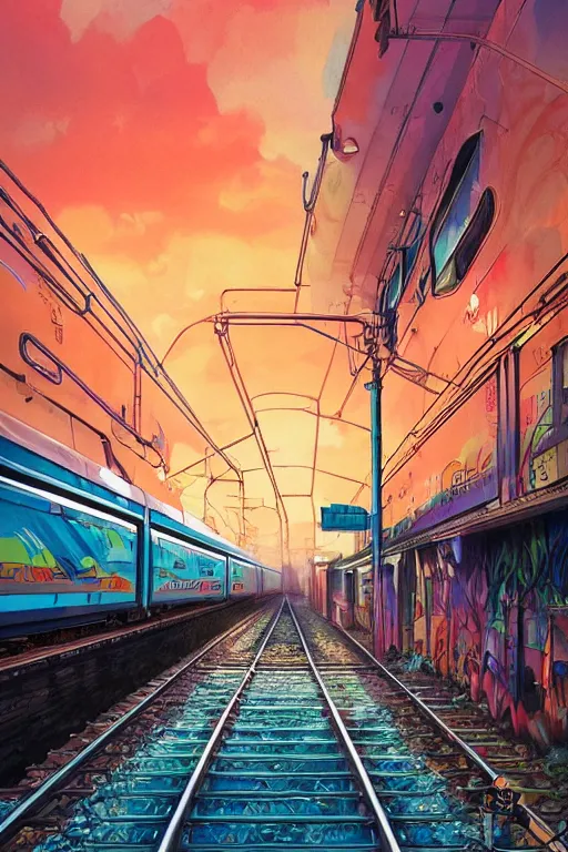 Prompt: trains covered in dripping graffiti paint, by hiroshi yoshida and moebius and loish and artgerm, painterly, symmetrical, ultra detailed, hyper realistic, illustration, sunset lighting