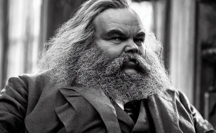 Image similar to Jack Black as Karl Marx in 'Marx' (2018), movie still frame, oscar nominated cinematography, volumetric lighting, 8k resolution, beautiful composition