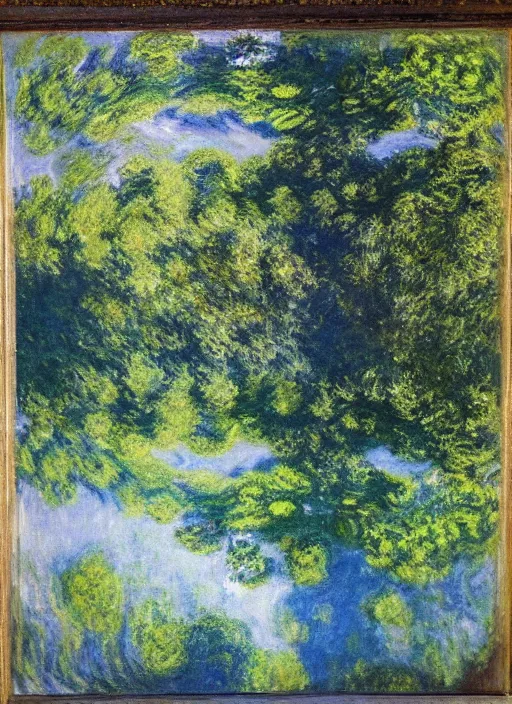 Prompt: trees growing from the ceiling of a dilapidated decaying building casting a reflection in water in the ground by claude monet