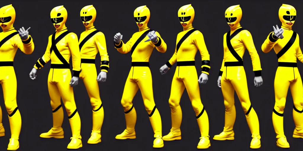 Prompt: symmetry!! yellow ranger, samurai, asian, artstation, art by murata, art by oda echiiro, lightning helmet, 3 d, jumpsuit, tracksuit, yellow, gloves, logo