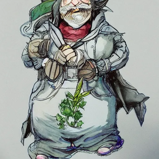 Image similar to Gnome Alchemist distilling botanicals, drawn by Yoji Shinkawa, water color, Dungeons and Dragons, Wizards of the Coast