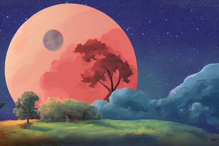 Prompt: sun, moon, sky, land, digital painting, illustrated by max hay