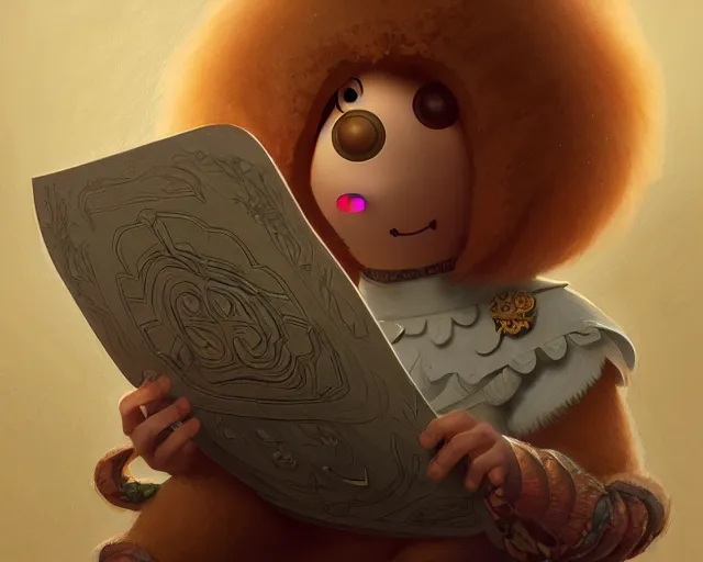 Prompt: hey duggee, holding a notepad and pencil, deep focus, d & d, fantasy, intricate, elegant, highly detailed, digital painting, artstation, concept art, matte, sharp focus, illustration, hearthstone, art by artgerm and greg rutkowski and alphonse mucha