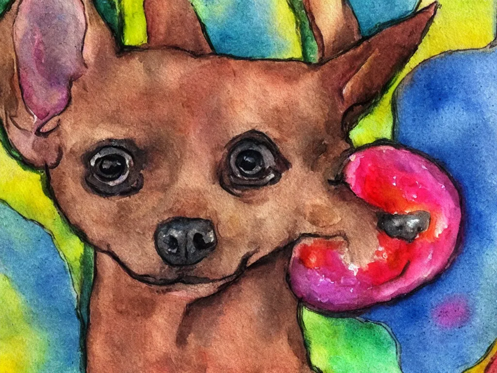 Prompt: a chihuahua dreams of meat slushie outsider art children's illustration watercolor painting