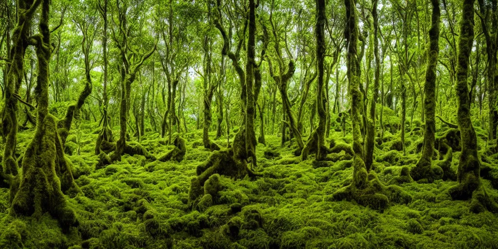 Image similar to photo of a landscape with lush forest, wallpaper, very very wide shot, iceland, new zeeland, green flush moss, national geographic, award landscape photography, professional landscape photography, ancient forest, sunny, day time, beautiful