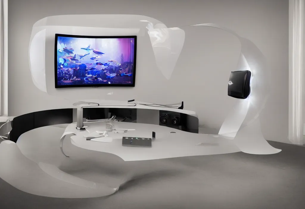 Image similar to curved transparent 3 dtv shark popping out of tv, volumetric lighting, bedroom, visor, users, pair of keycards on table, bokeh, creterion collection, shot on 7 0 mm, instax