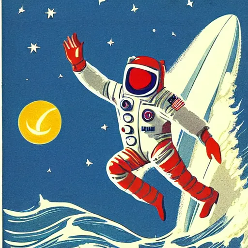 Prompt: astronaut surfing in space, stars as waves, Vintage Magazine Illustration