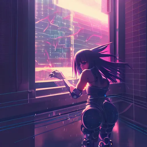 Image similar to cyberpunk anime art, refractions on lens, beautiful cyborg girl fighting a mech in the style of arcane, full round face, biomechanical details, full body shot, rain, wet street, window reflections, lens flare, wlop, ilya kuvshinov, artgerm, krenz cushart, greg rutkowski