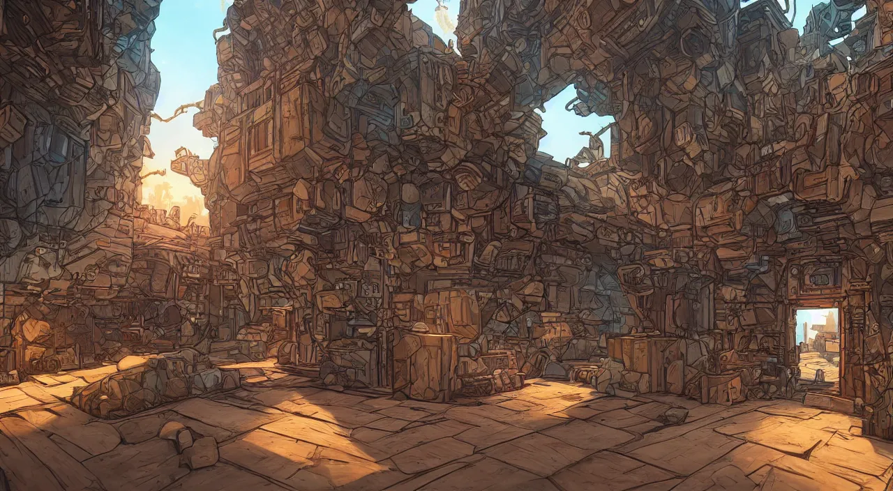 Image similar to wood wall fortress greeble block amazon jungle portal door unknow world global illumination ray tracing ambiant torch fornite that looks like it is from borderlands and by feng zhu and loish and laurie greasley, victo ngai, andreas rocha, john harris