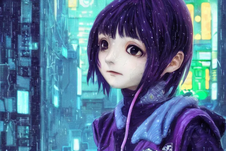 Prompt: an epic fantasy comic book style portrait painting of an extremely cute and adorable very beautiful cyberpunk lain ( serial experiments lain ) wearing a teddy bear hoodie in the rain, neon reflections, character design by mark ryden and pixar and hayao miyazaki, unreal 5, daz, hyperrealistic, octane render, cosplay, rpg portrait, dynamic lighting, intricate detail, cinematic