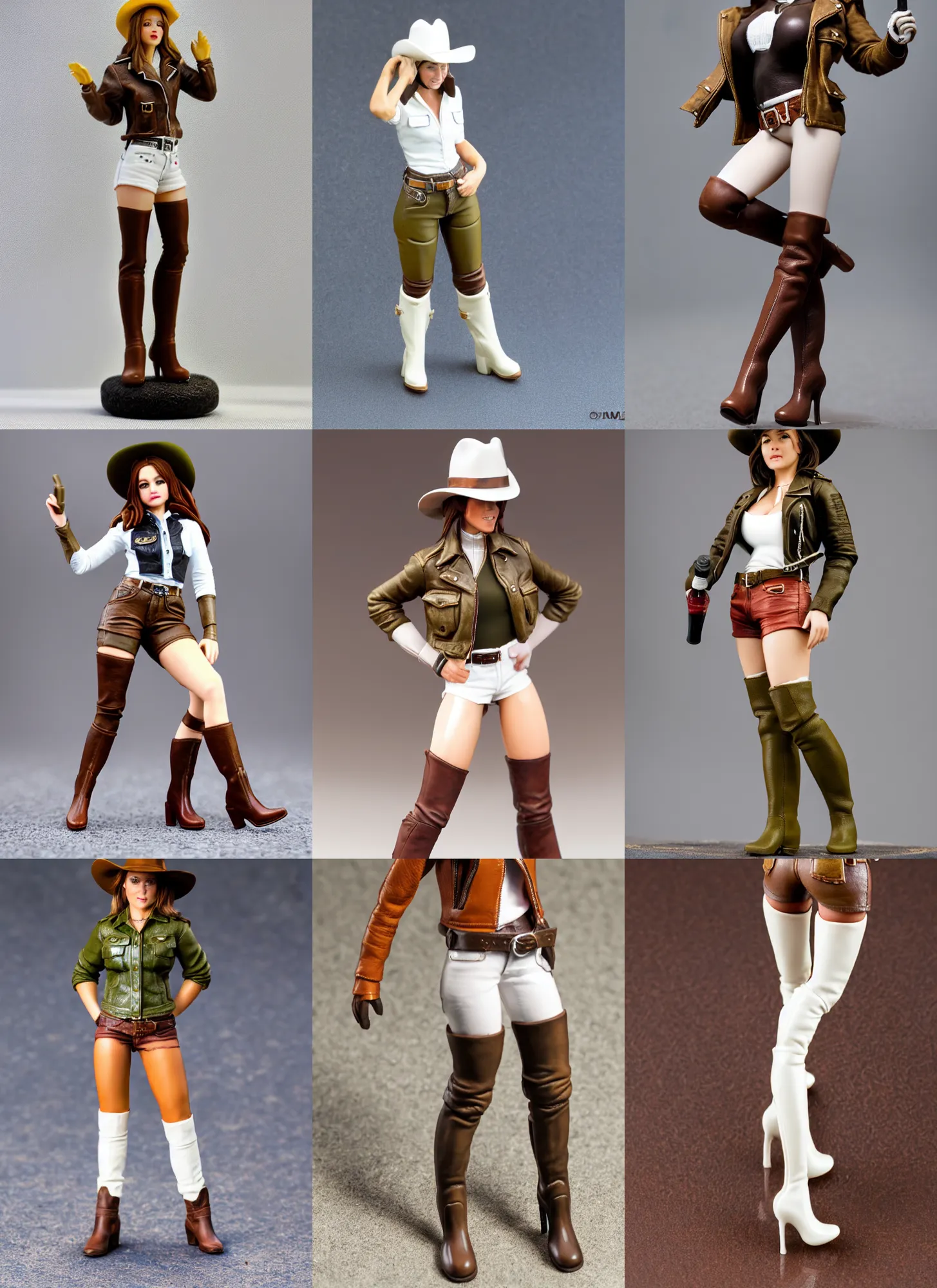 Prompt: 80mm resin detailed miniature of a cow-girl, Short brown leather jacket, white shirts, hot-pants, ten-gallon hat, over-knee boots, olive thigh skin, Standing with legs open on textured disc base; Miniature product Introduction Photos, Logo, 4K, Full body; Front view