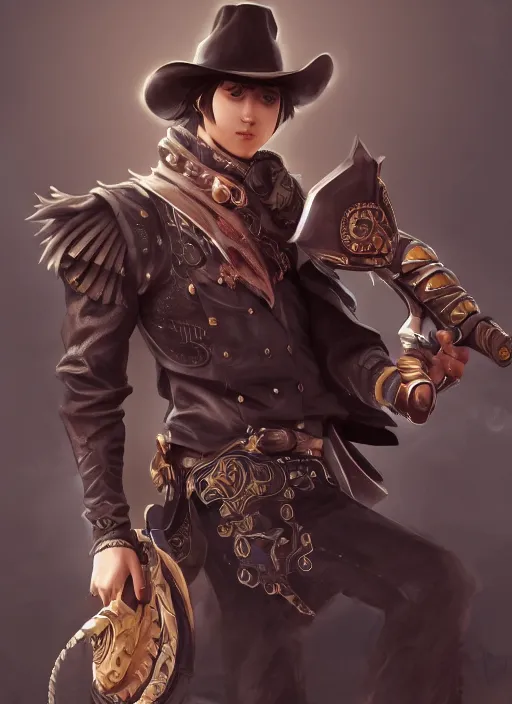 Image similar to a highly detailed illustration of kento yamazaki as a cowboy wearing black cowboy hat, dramatic smiling wielding revolvers pose, perfect face, intricate, elegant, highly detailed, centered, digital painting, artstation, concept art, smooth, sharp focus, league of legends concept art, wlop